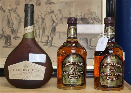 Two bottles of Chivas Regal 12 year old whisky and one Cles des Ducs Armagnac